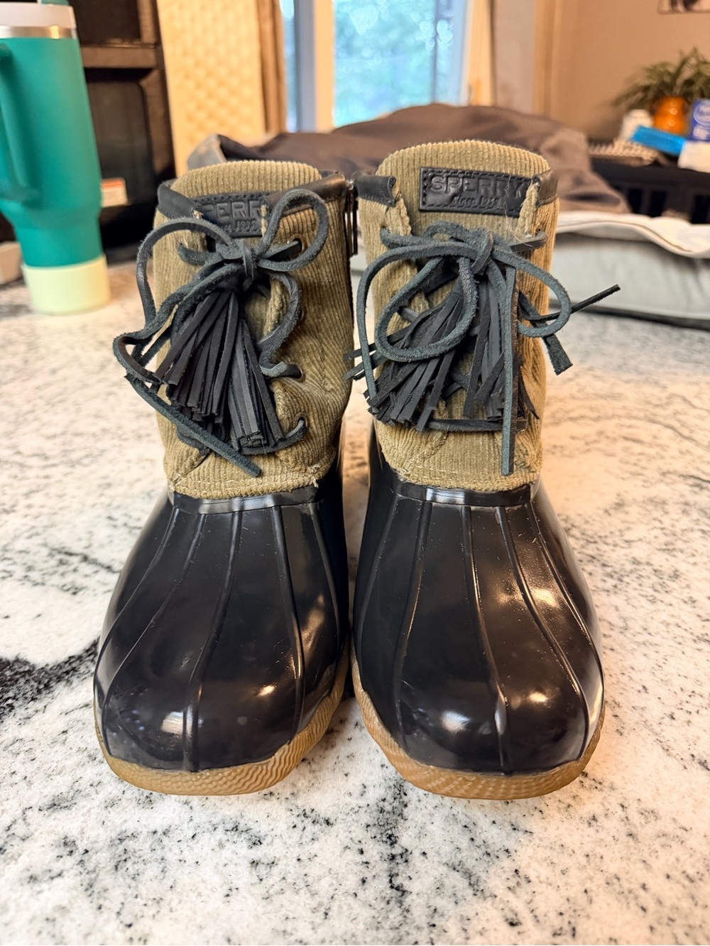Sperry Black Rubber and Olive Corduroy Women’s Duck Boots